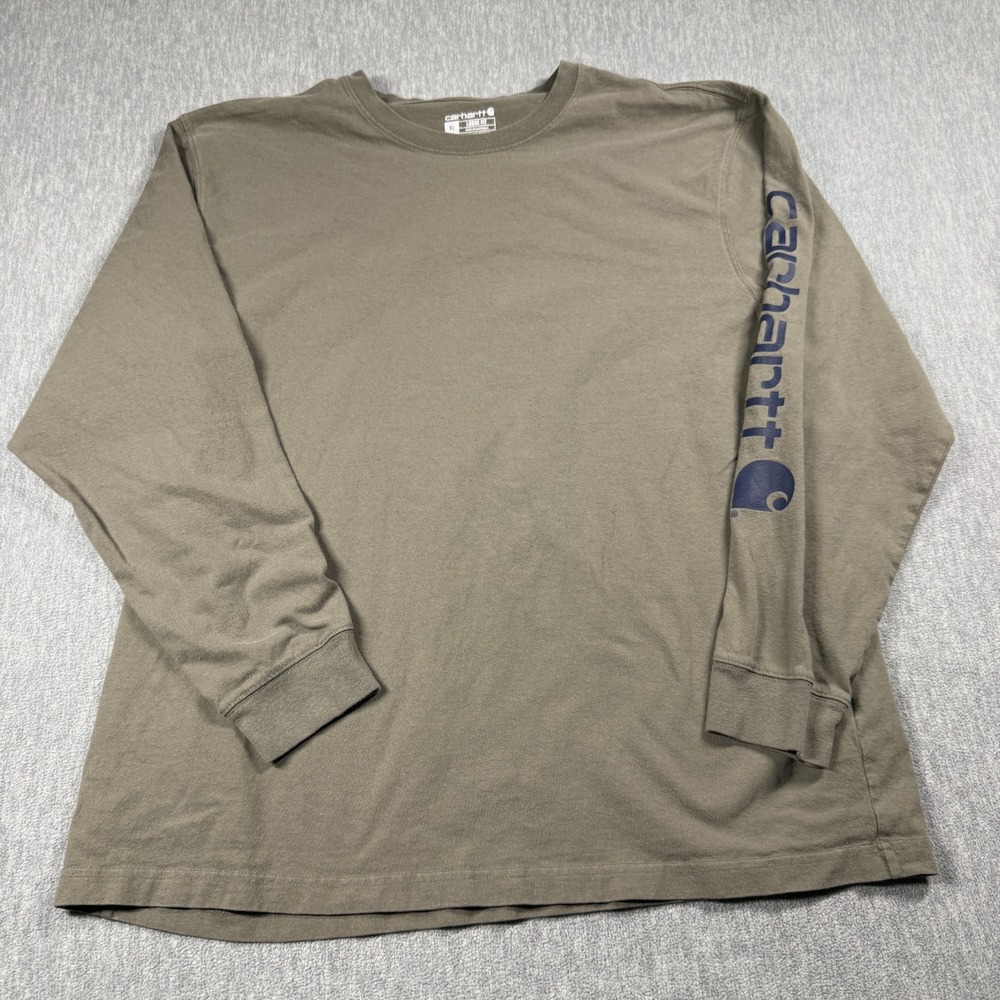 Carhartt Shirt Mens XL Olive Green Loose Fit Long Sleeve Graphic Sleeve Logo Tee